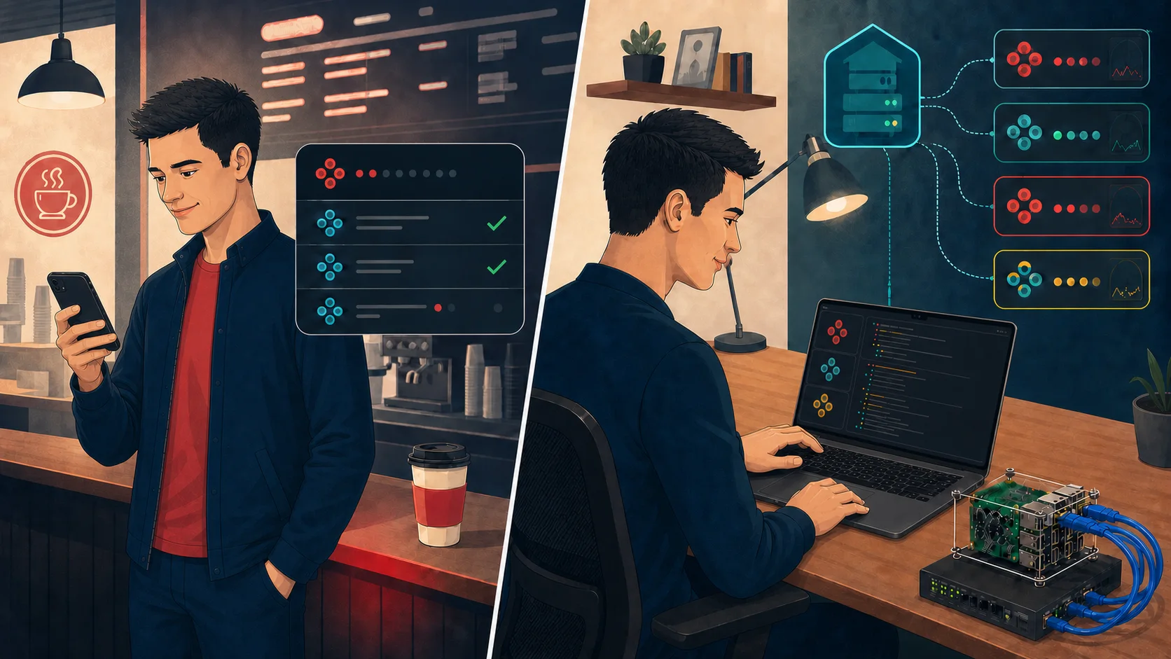 An engineer coordinates different AI coding sessions from a phone and laptop across cloud and homelab environments