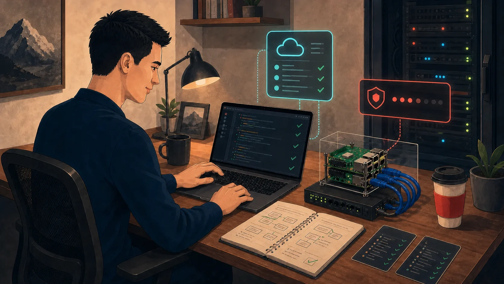 A developer works from a repository playbook while an isolated cloud workspace connects to a protected homelab and guarded production path