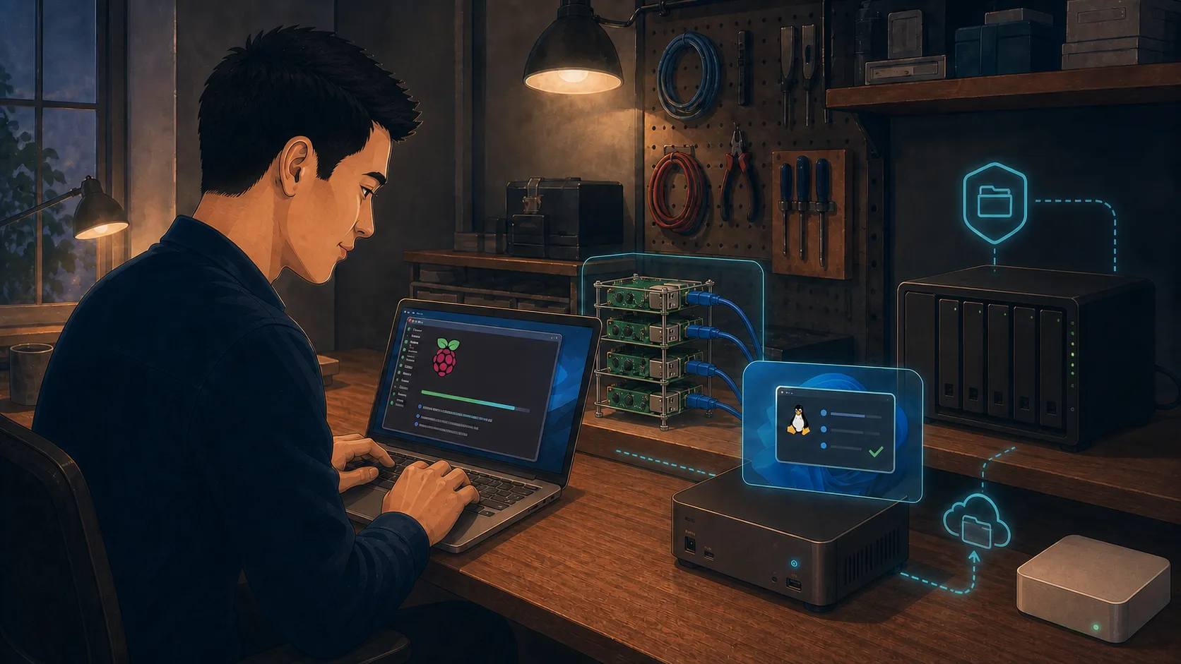 A developer reinstalls Raspberry Pi OS from a laptop while the existing four-node Pi cluster remains assembled beside a Hyper-V control-plane VM and NAS backup path