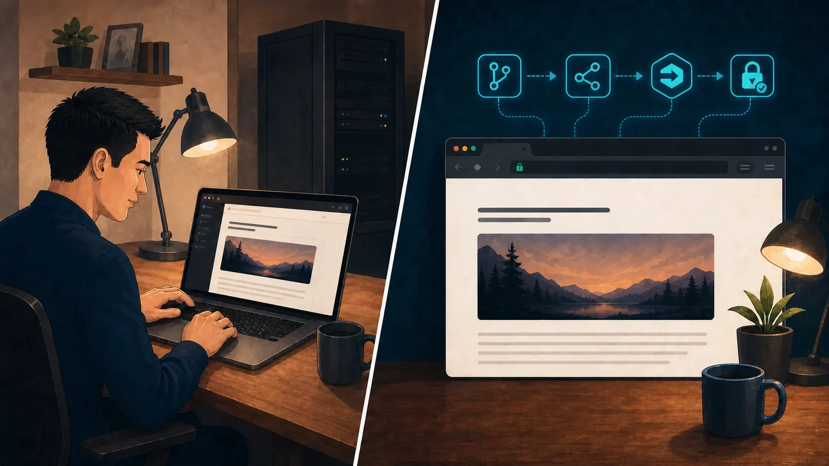 A developer writes a blog on one side of a split workshop while its healthy page arrives through the platform delivery path on the other