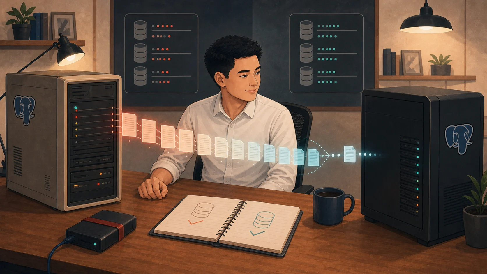 A developer watches a stream of historical records flow between an old and a new database machine, with a backup drive and a verification notebook on the desk