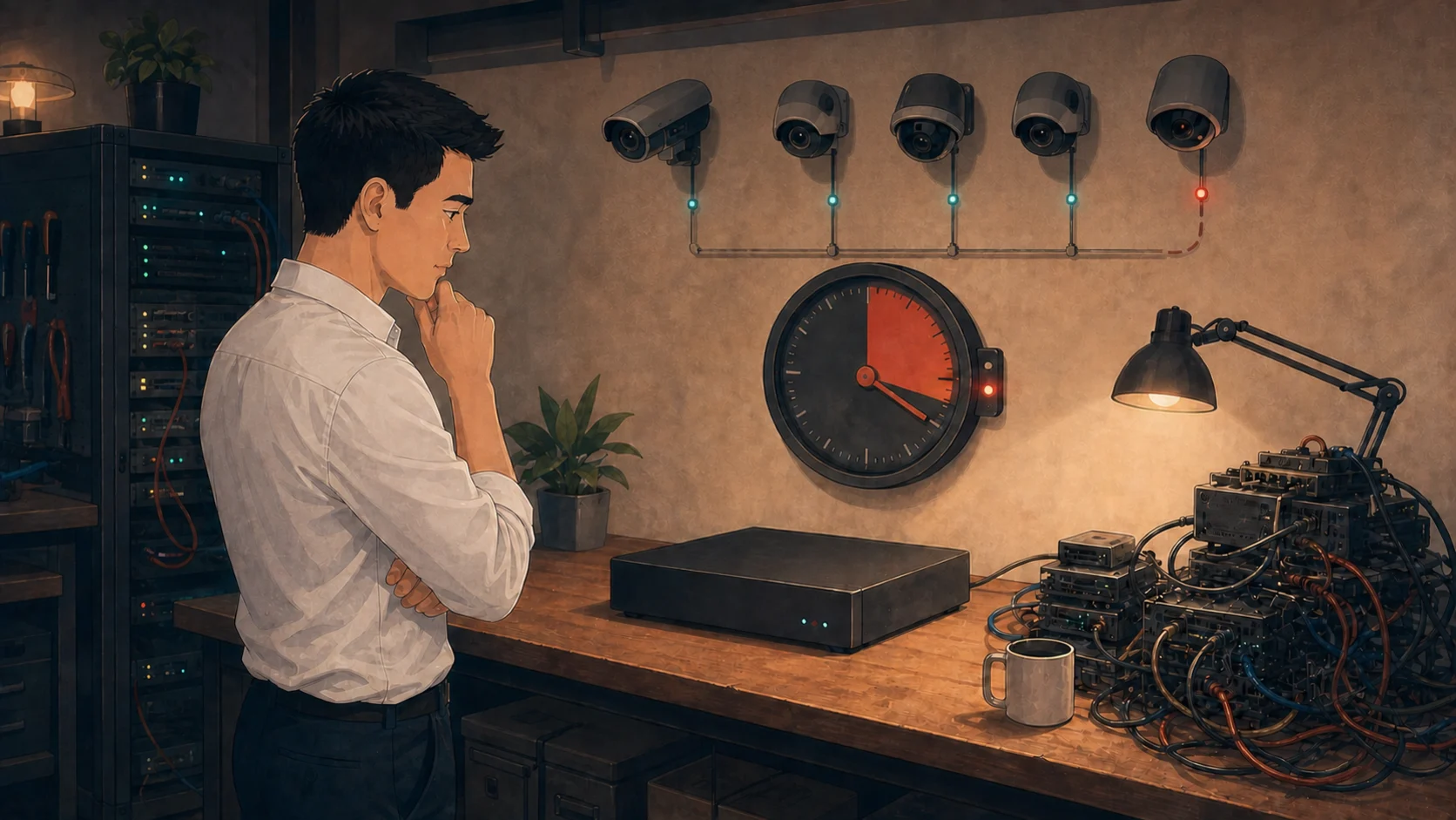 A developer compares a unified recorder with a tangled legacy surveillance stack while one retired camera sits apart