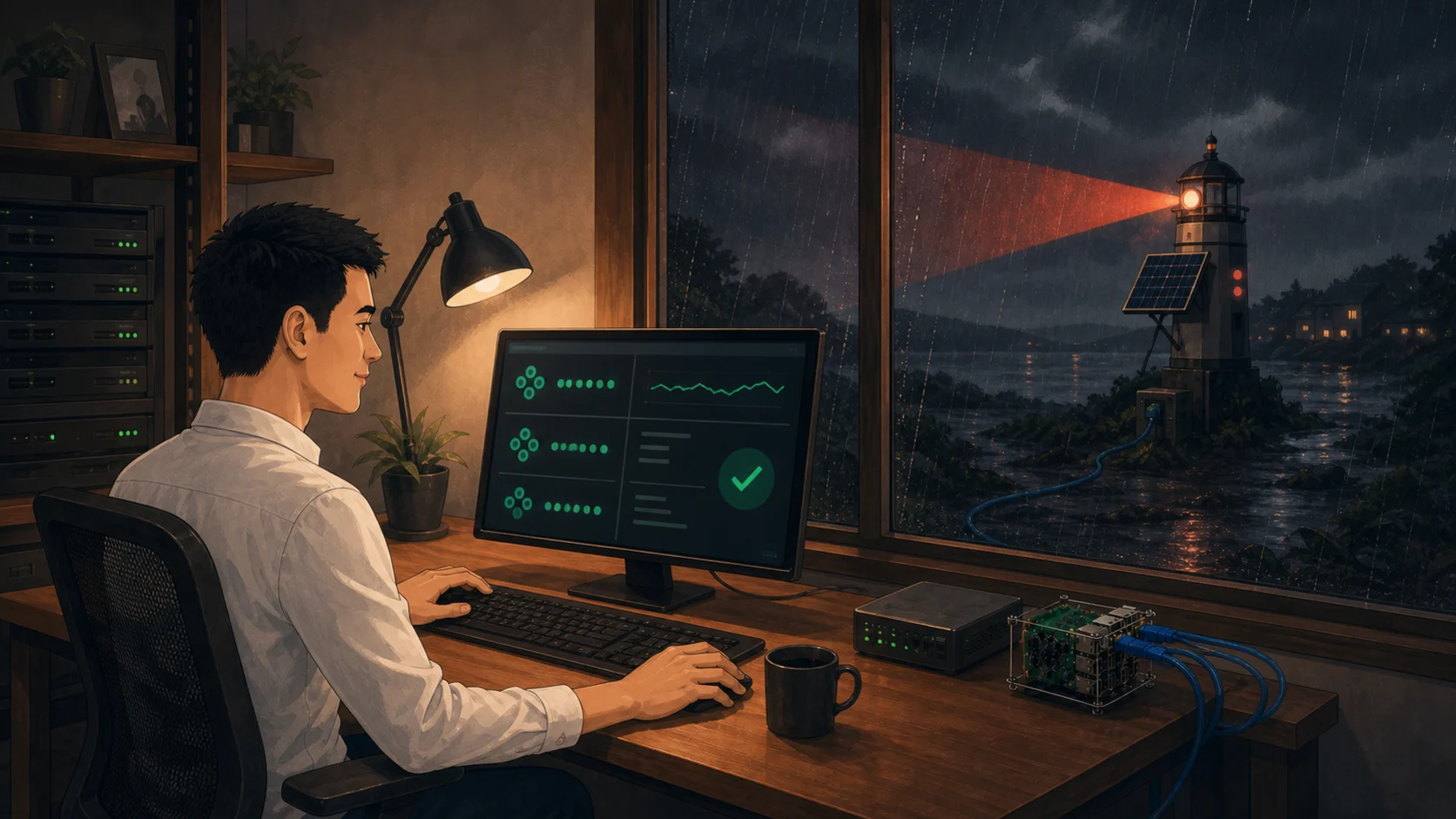 A developer reviews dashboards inside the homelab while a separate monitor watches the platform from outside Kubernetes