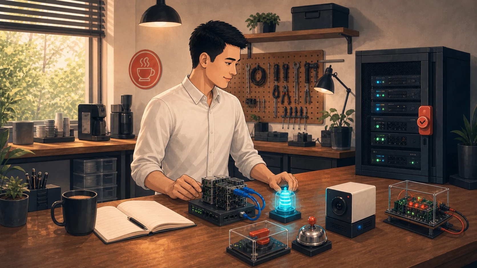 A developer works at an orderly homelab bench while remote agent sessions run beside guarded production infrastructure