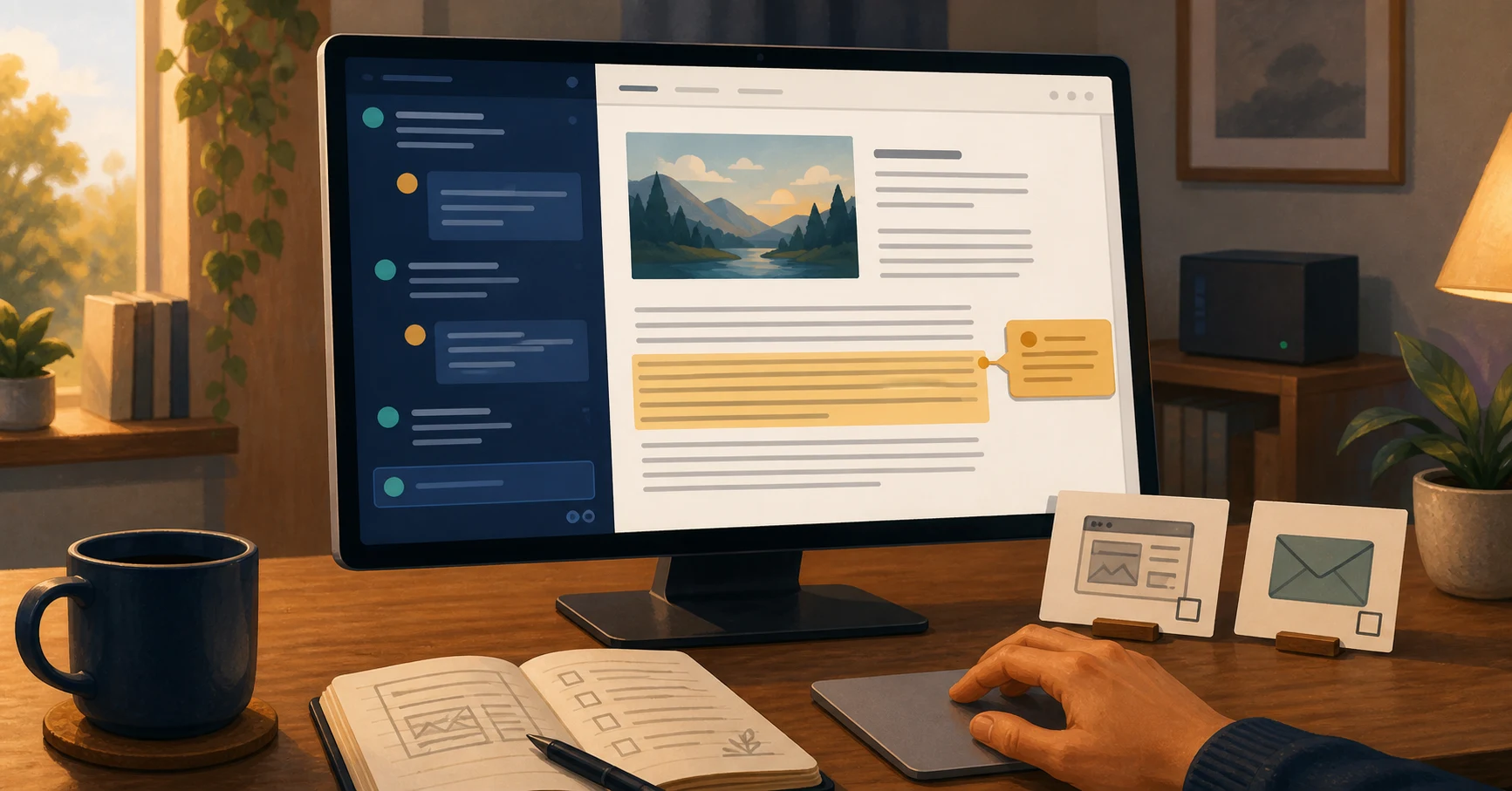 Illustration of a blog preview beside an agent conversation, with a highlighted paragraph and comment bubble; separate blog and email cards sit on the desk